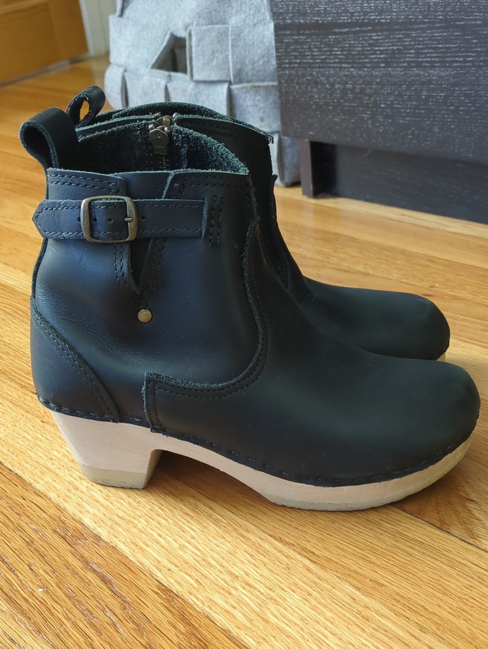 No. 6 Black Leather Clog Ankle Boots with Natural Wood Heel, Size 36